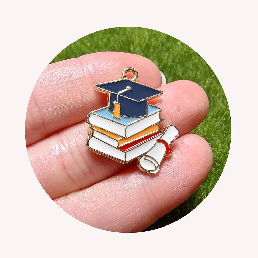 Graduation Hat Books Scroll Shaped Colorful Enamel Charms Metal Pendant for Keychain Bracelet Necklaces Jewelry