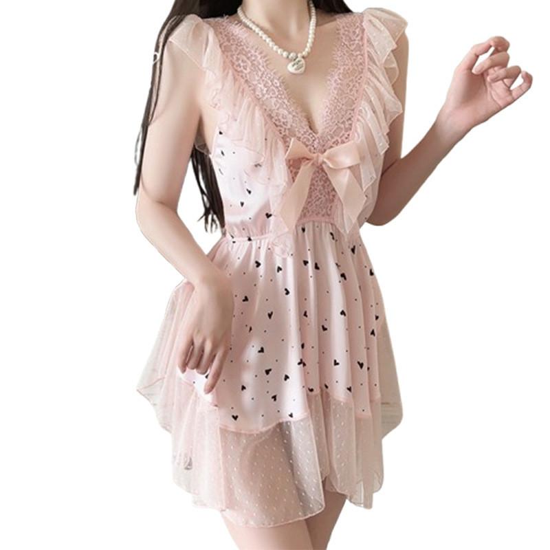 Youth Female Satin Nightdress With Polka Dot Mesh For Home And Hotel