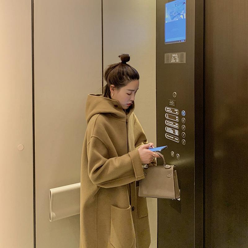 

Двустороннее кашемировое пальто для женской осени и зимы, новое свободное пальто с капюшоном, темпераментное, повседневное шерстяное пальто для женщин M верблюд