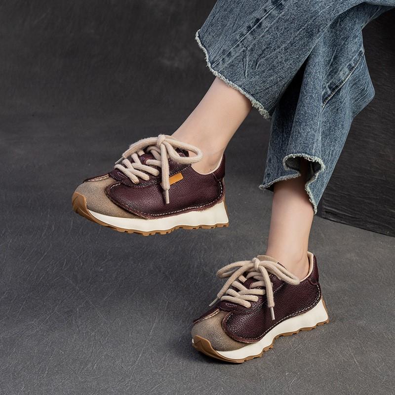Johnature Genuine Leather Sneakers Versatile Casual Sports Shoes Round Toe Lacd-up Women's Flat Shoes