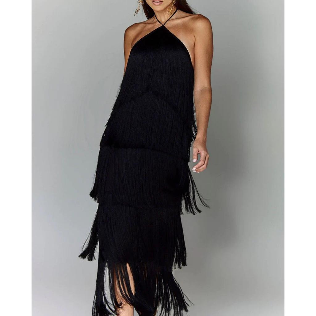 European American Fashion Halter Backless Slit Tassel Maxi Dress for Women
