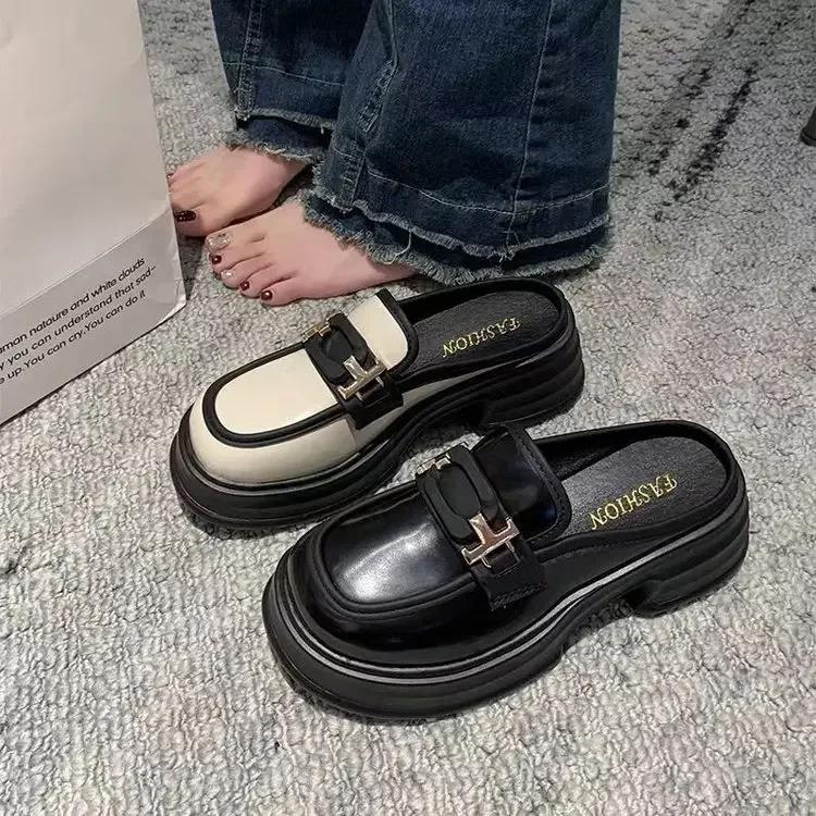 2025 New Shoes French Thick Sole Half Support Loafers Casual Women's Single Shoes British Style Small Leather Shoes