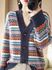 Women's Retro Striped V-Neck Cardigan - Thick Knitted Jacquard Sweater for Spring