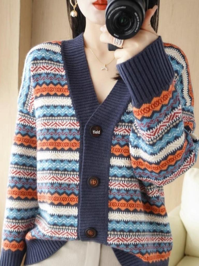 Women's Retro Striped V-Neck Cardigan - Thick Knitted Jacquard Sweater for Spring