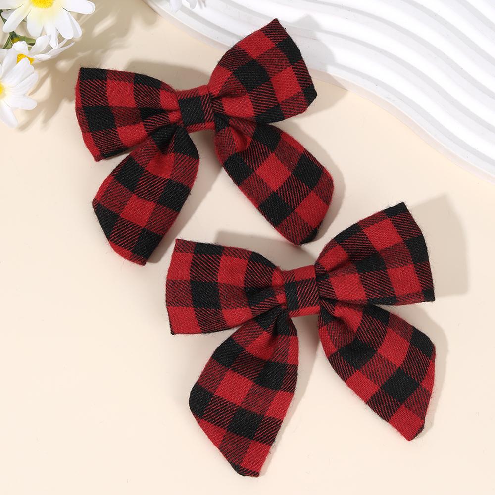 2Pcs Cute Plaid Bow Hair Clips For Girls Scottish Style Red And Black Check Decor Bownot Hair Barrettes Hair Accessories Gifts