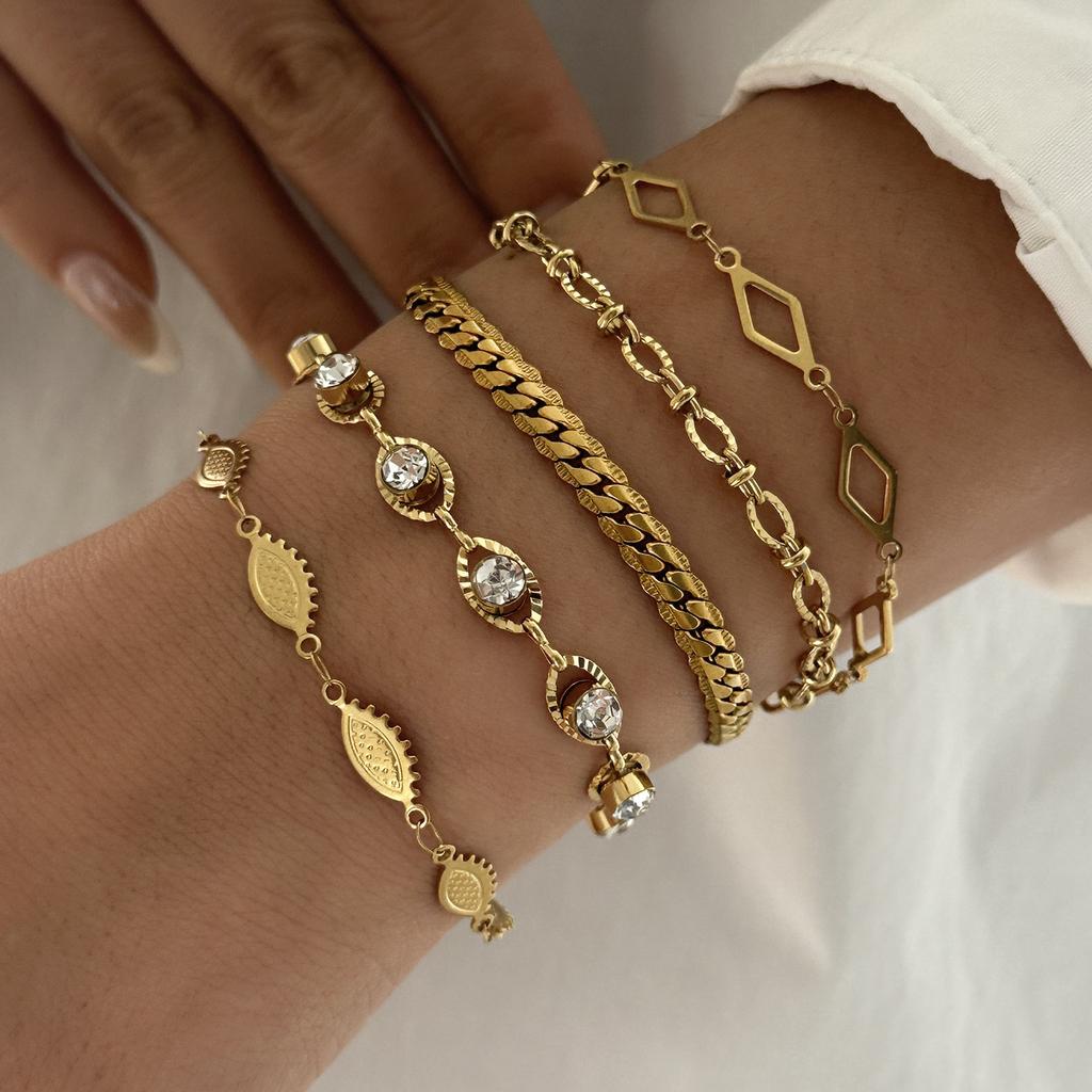 Stainless Steel Luxury Shiny Zircon Charm Bracelet for Women Gold Plated Metal Geometric Chain Bangle Party Minimalist Jewelry