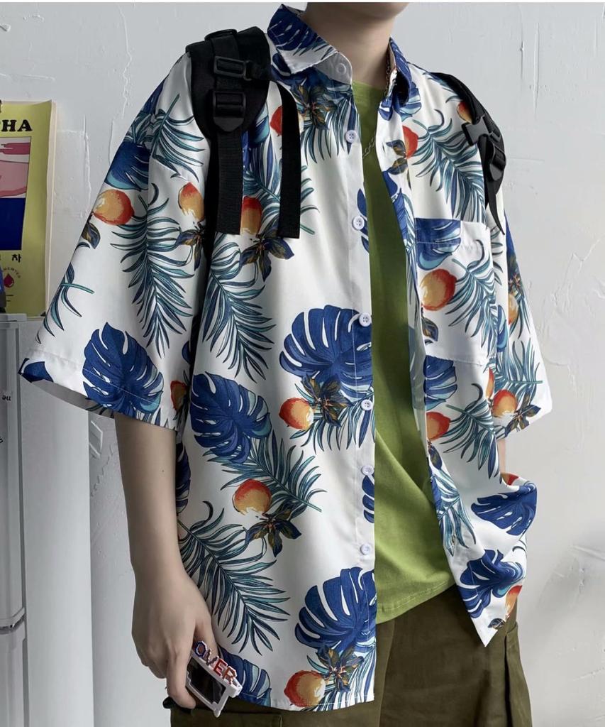 Blattmuster-Shirt-Druck, kurzärmelig, auffälliges Aloha-Shirt, lockeres, cooles Sommer-Print-Shirt, spitzes Shirt, Hemd mit Knopfleiste, Aloha-Shirt, Harajuku