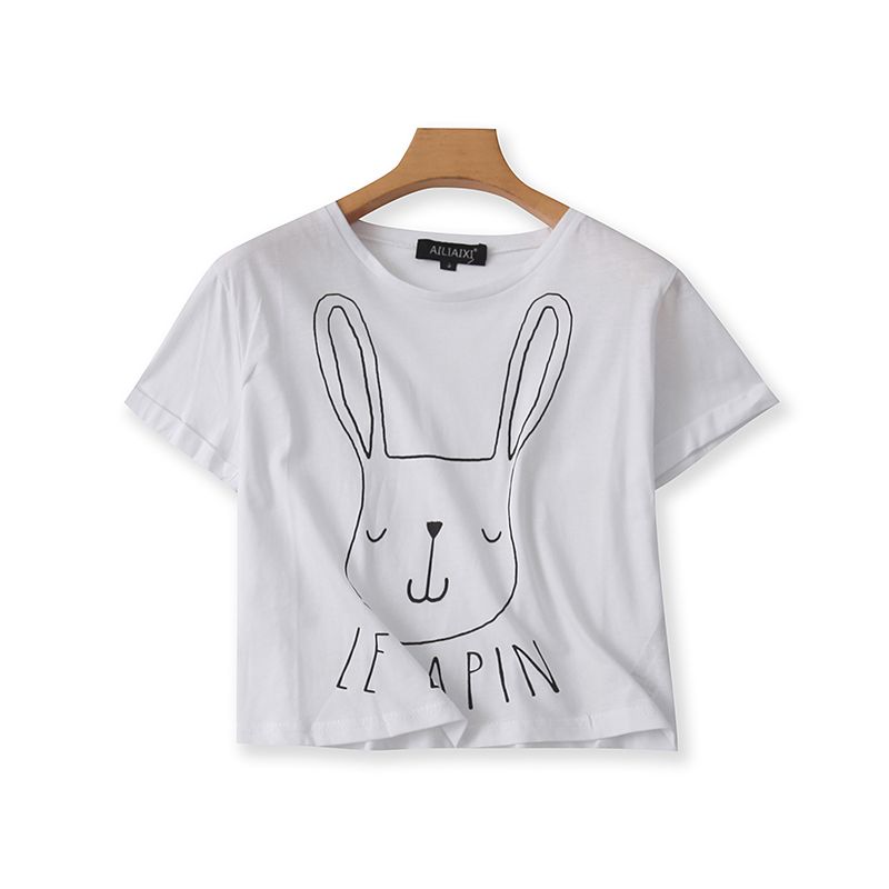 

Футболка с круглым вырезом, коротким рукавом, свободного кроя, из хлопка с мультяшным принтом, летняя новинка, женский базовый топ White M