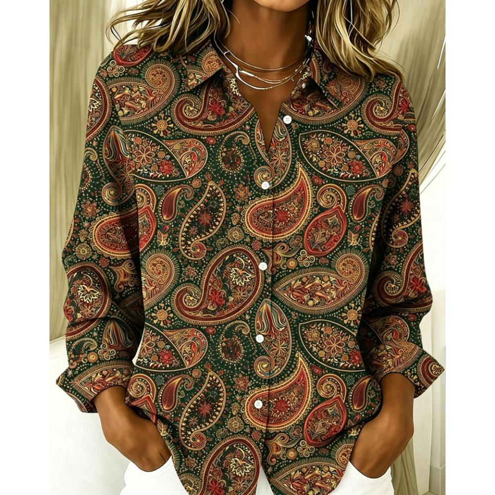 Women's Long Sleeve Paisley Print Button Down Casual Shirt Elegant Daily Blouse Tops In Blue for Spring Summer