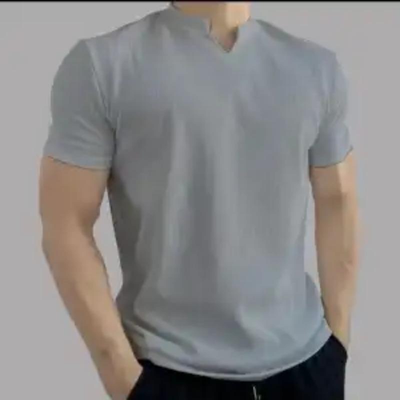 Mens Casual Solid Color V Notch Collar Short Sleeve T Shirt