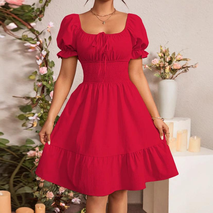 European and American women's clothing summer new pleated ruffle A-shaped skirt square neck short-sleeved dress