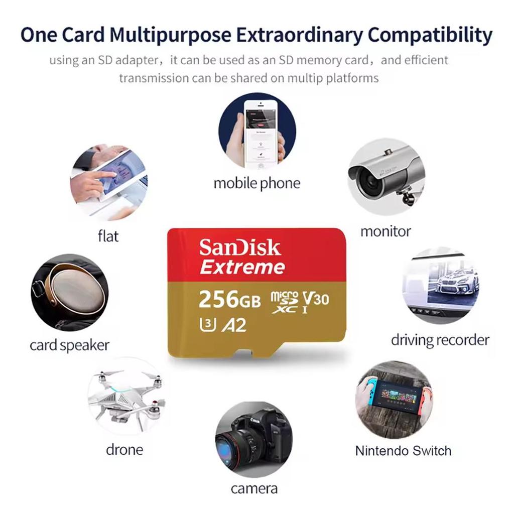 SanDisk Extreme Micro SD Card 128GB 256GB microSD TF Card Memory Cards U3 4K V30 A2 Class 10 UHS-1 Flash Card 32GB 64GB 512GB For Phone Camera GoPro