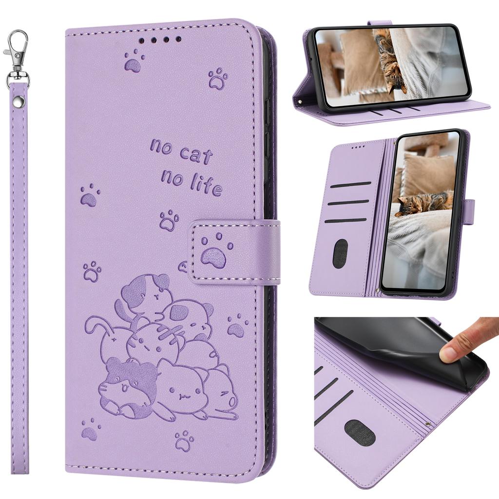 Purple Playful Cat-themed Leather Wallet Stand Function Phone Case for iPhone Samsung Huawei Honor Xiaomi Redmi Oppo Infinix Tecno Google...