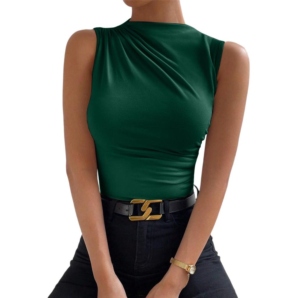 Sleeveless Tops For Women Casual Mock Neck Slim Fitted Ruched Shirts High Neck Summer Shirt Tops