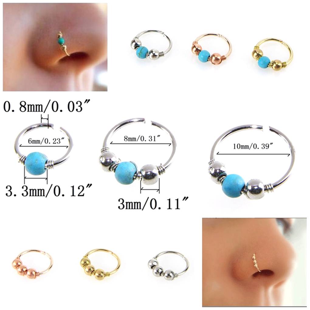 Turquoise Beaded Ear Bone Nail Copper Geometric Nose Rings Clips Lip Body Piercing Stud Earring Jewelry