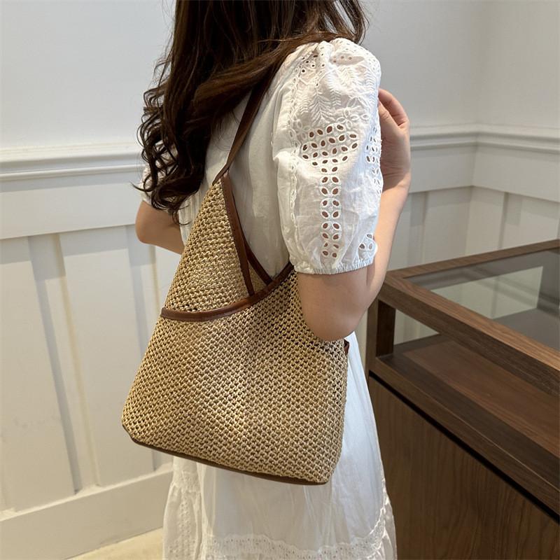 Vintage Woven Tote Bag Stylish Large Capacity Shoulder Bag For Women In Black White Brown And Khaki