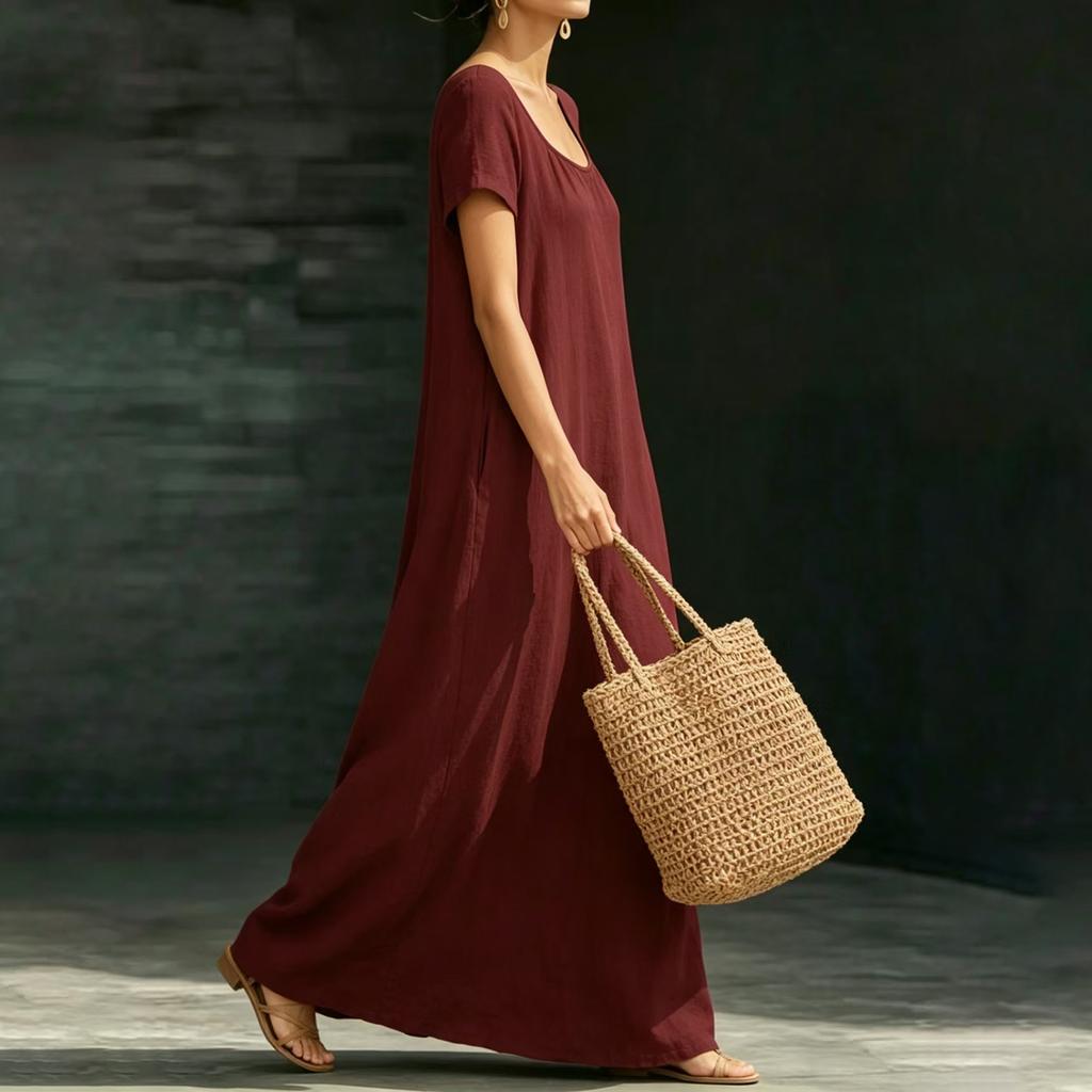 Abito Lungo Casual da Donna Estivo Moda Scollo a V Manica Corta con Spalline da Spiaggia Ampio per Vacanze