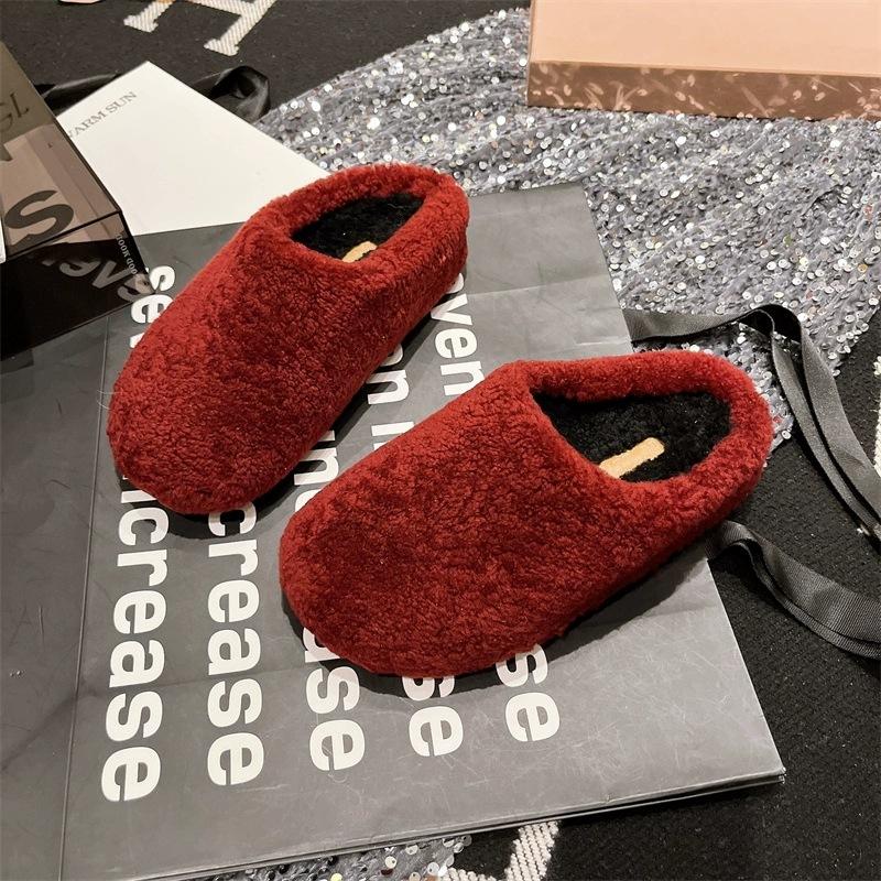 Lam allsidig veske hode halv tøfler dame 2025 høst og vinter plysjsko yttertøy lat flat bunn myk bunn bomull mopp