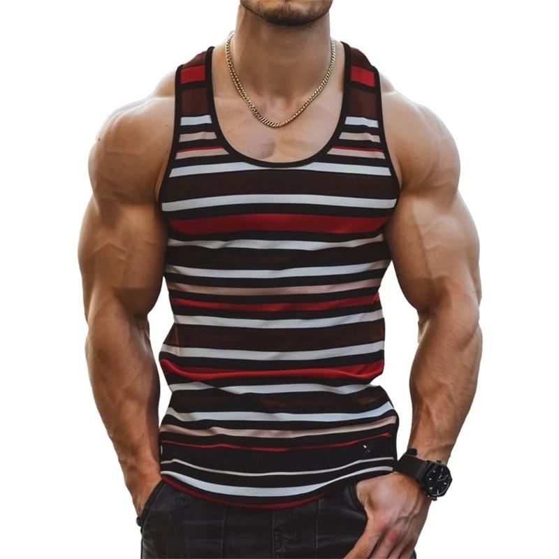 Retro Striped Graphic Tank Tops For Men Fashion Casual Summer Sleeveless 3D Printed Vest Loose Crew Neck Quick Dry Sports Tees