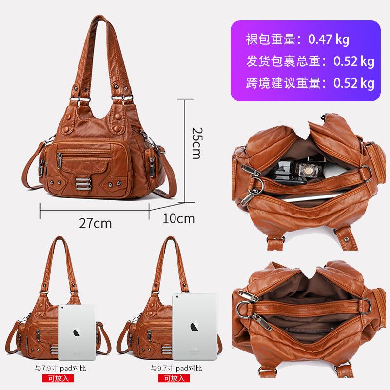 Washed Leather Women's Bag Handbag Retro Fashion Rivet Soft Leather Tote Bag Multi-pocket Large-capacity Messenger Bag