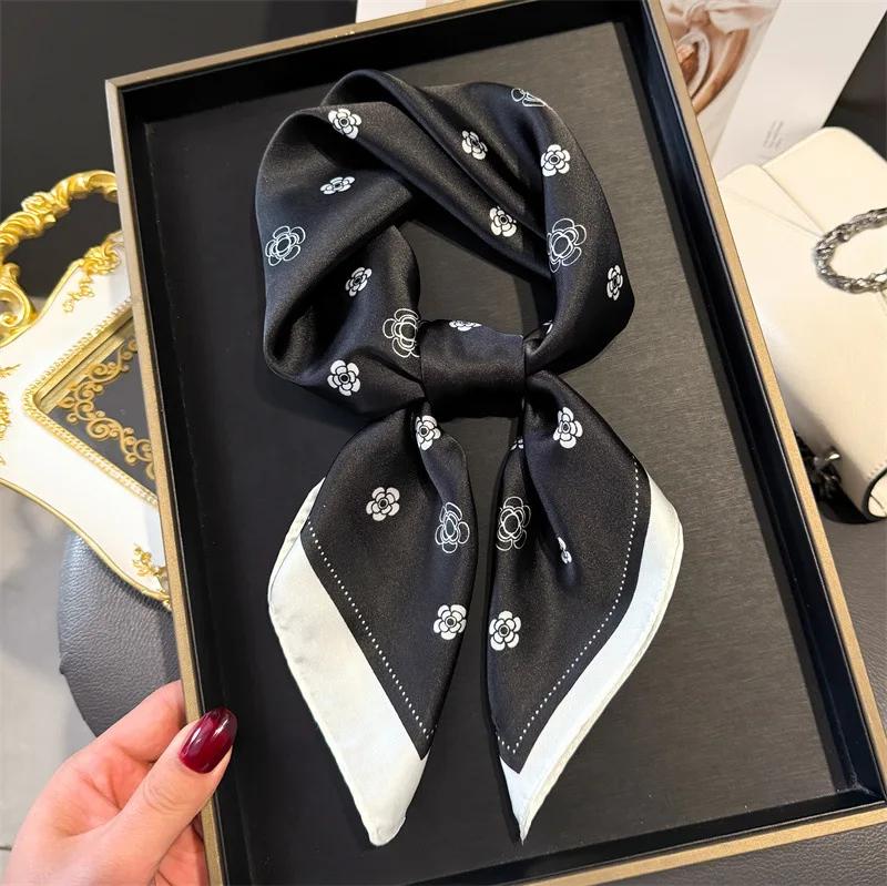 Luxury Brand 2025 Floral Print Square Silk Scarf for Women Hijab Hair Bands 70cm Neckerchief Female Satin Shawl Ribbon Headband