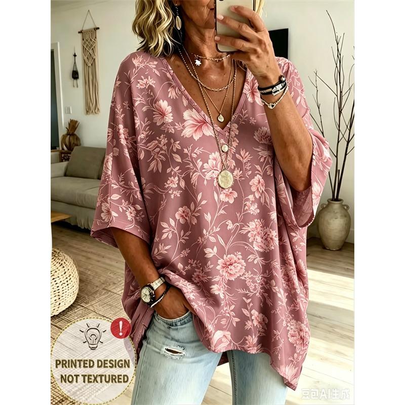 Printed Plus-Size Women's V-Neck Batwing Sleeve T-Shirt Bohemian Ethnic Print Loose Top Summer Comfortable Breathable Daily Commute Casual