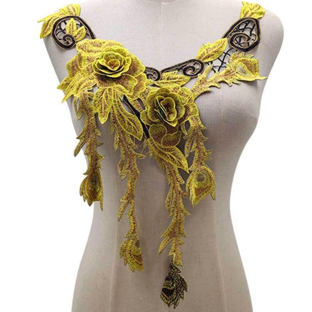 

3D Embroidered Sewing On Patches Hollowed Out Multicolor Rose Flower Patch Sticker Detachable Floral Neckline Collar Applique жёлтый