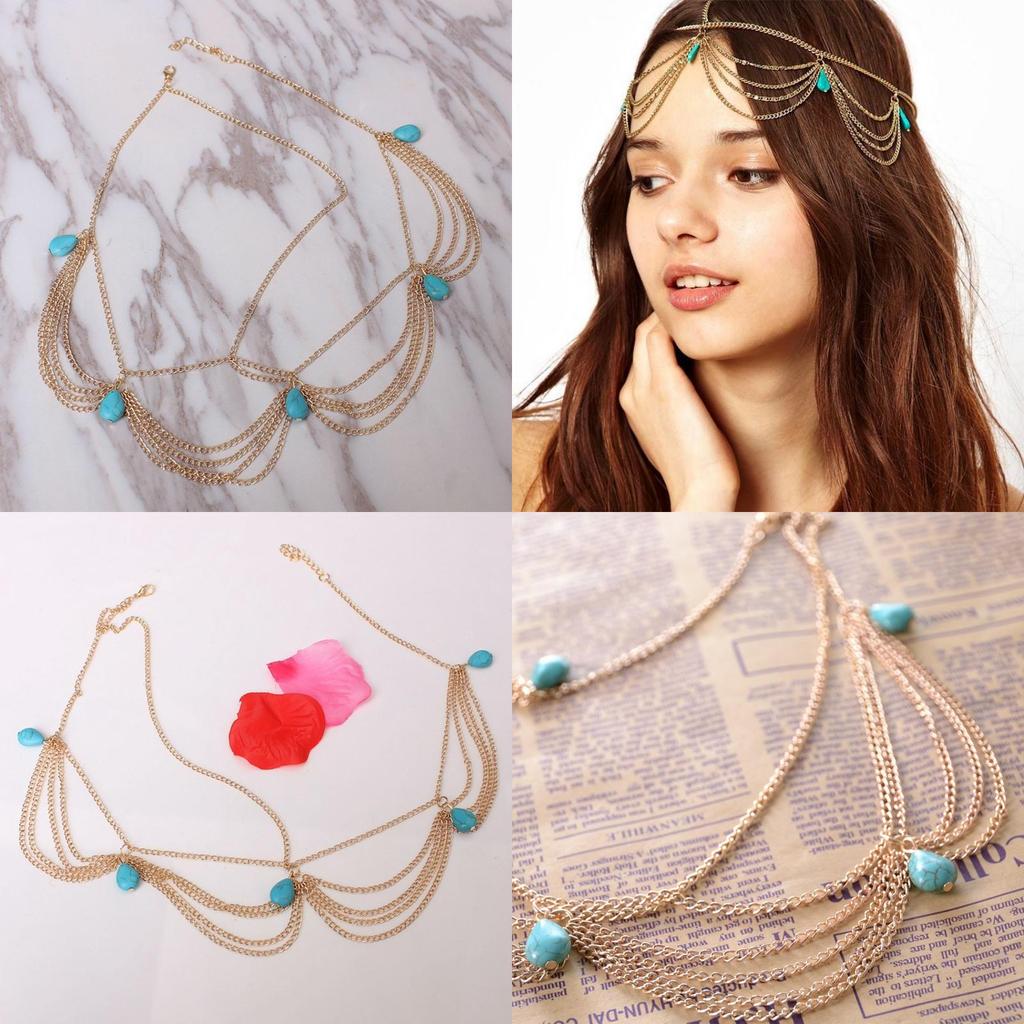 Fashionable Simulated Turquoise Decor Multi Layer Chain Design Headwear Women