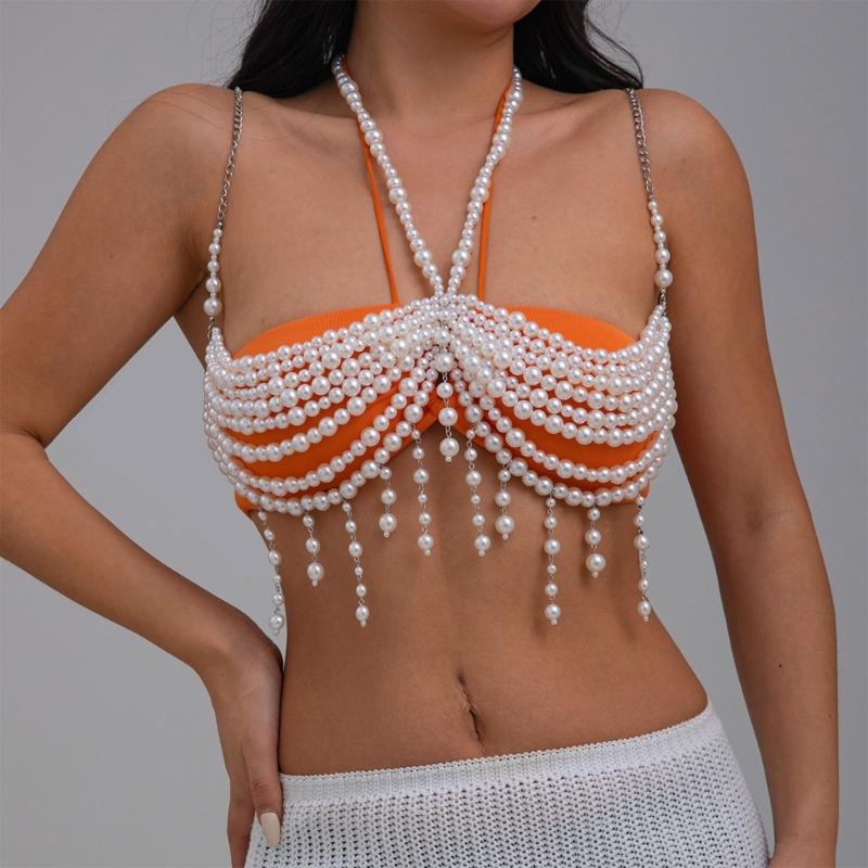 Unique Designs Elegant Pearls Body Jewelry Bra Chain Soft Fabric Decorative Accessory for Bolds Fashionable Statement