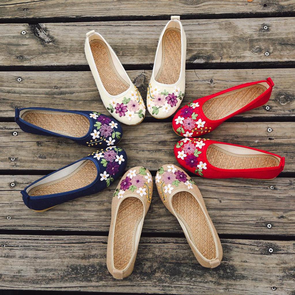 Vintage Embroidered Women Flats Flower Slip On Round Toe Shoes Loafers Ballerina