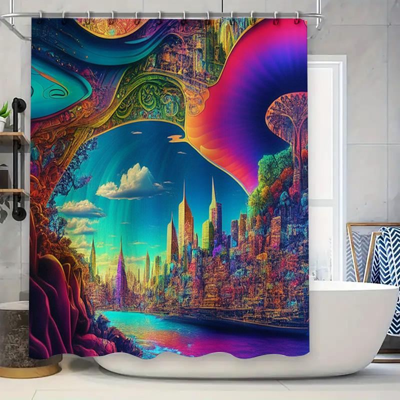 

Colorful Cityscape Shower Curtain Fantasy Artistic Bathroom Decor For Home Decoration Modern Waterproof Fabric With Rod Holders W60H190(CM)-1 Pcs
