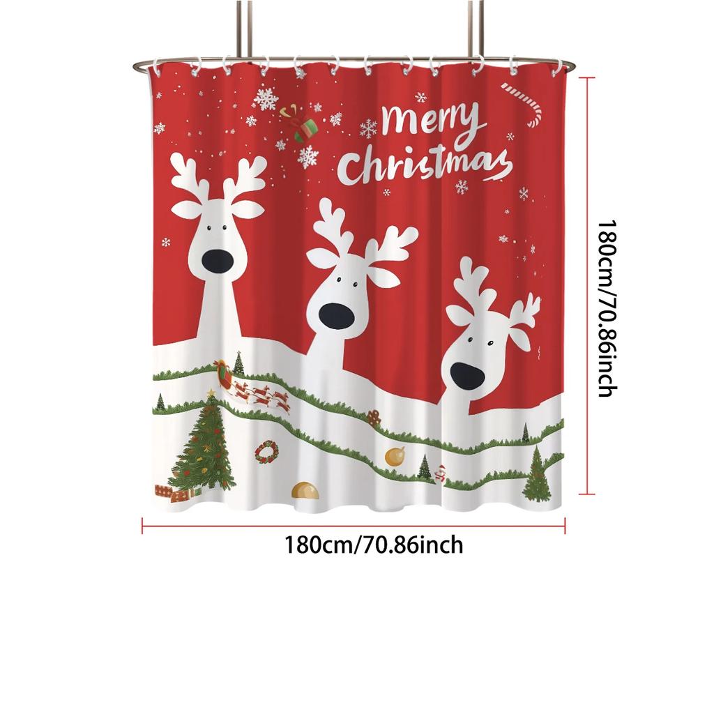 1pc Christmas Reindeer Print Perforated Waterproof Shower Curtain Privacy Multi Size Hanging Curtain 12 Hooks Easy Installatio