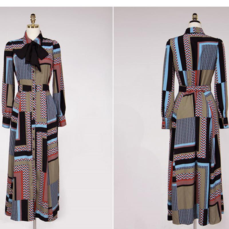 Vintage Print Shirt Dresses Women Elegant Single-Breasted Long Sleeve Lapel Belt Bow Long Robe