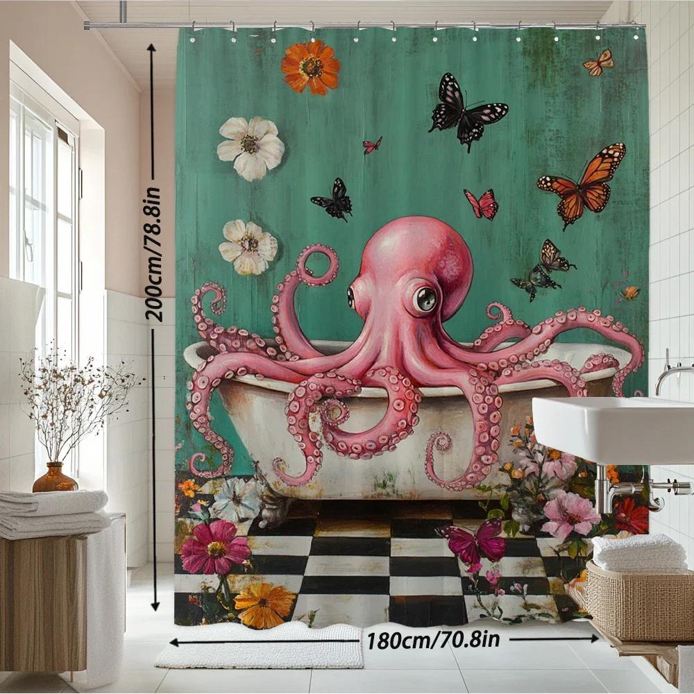 Lovely Creative Octopus Pattern Print Fabric Shower Curtain Bathroom Curtain,floral Octopus Home Decor Curtain with Hooks