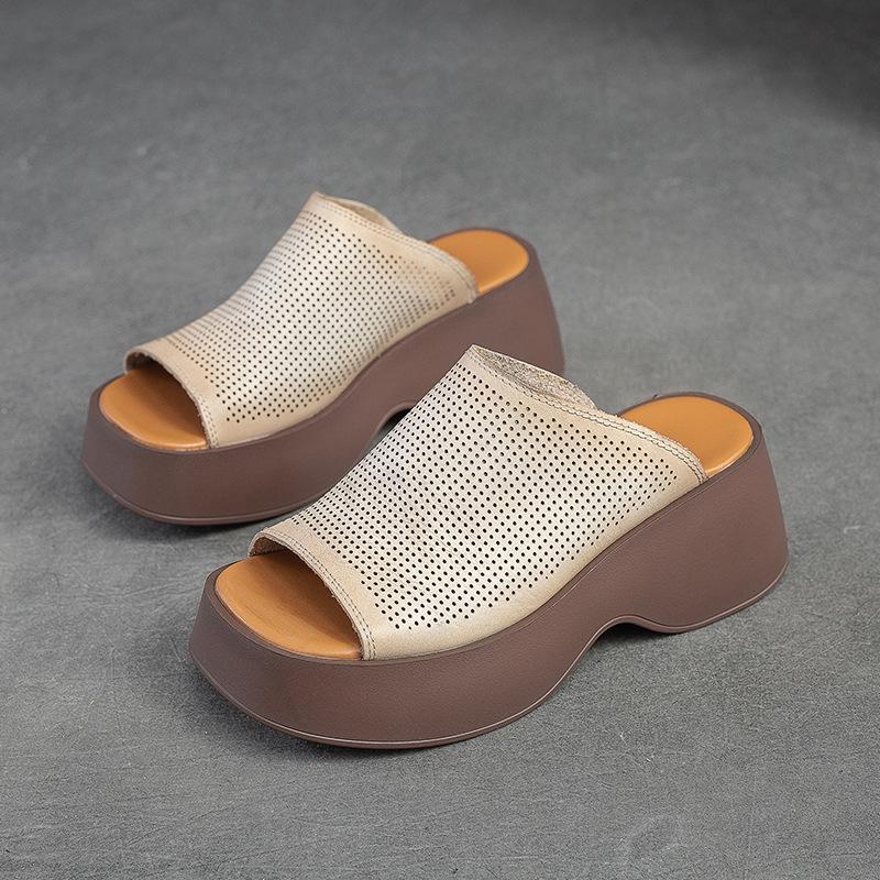 Johnature Genuine Leather Thick Soles Peep Toe Shoes Women Vintage Wedges Slides Outdoor Platform Slippers