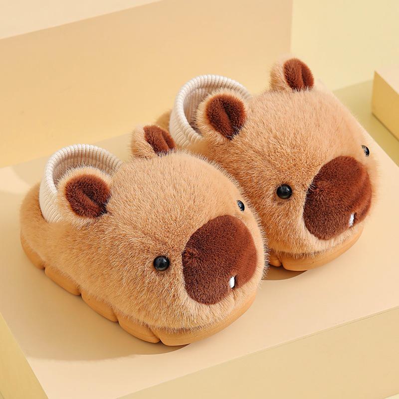 Capybara Winter Cotton Slippers: Cute Non-Slip Indoor Fur Shoes with Package Heel for Couples.