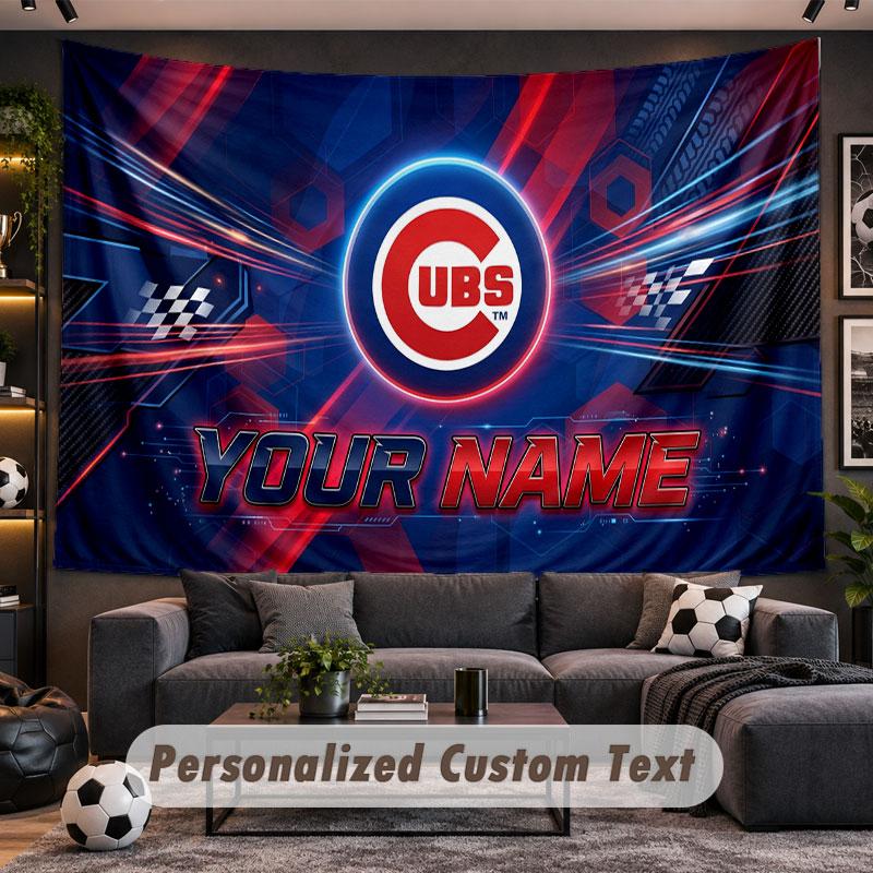 Wall Hanging Tapestry Custom NameChicago Cubs Pattern Personalized Printed Fabric Wall Decor