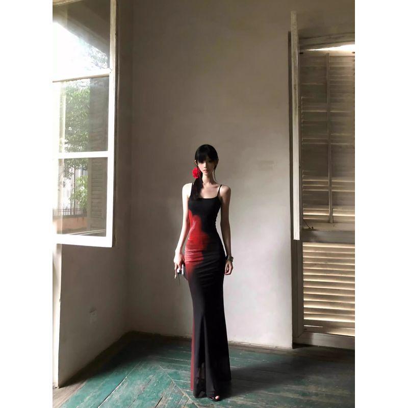 

Fashion Sexy Wind Black Printing Slip Dress Summer Slimming Vacation Style Sheath Dress Black Print M