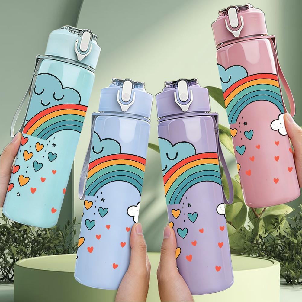 1PC Cloud Rainbow Heart 750ml Color Plastic Sports Water Bottle Leakproof Flip Straw Lid Suitable for Sports Office Home Use