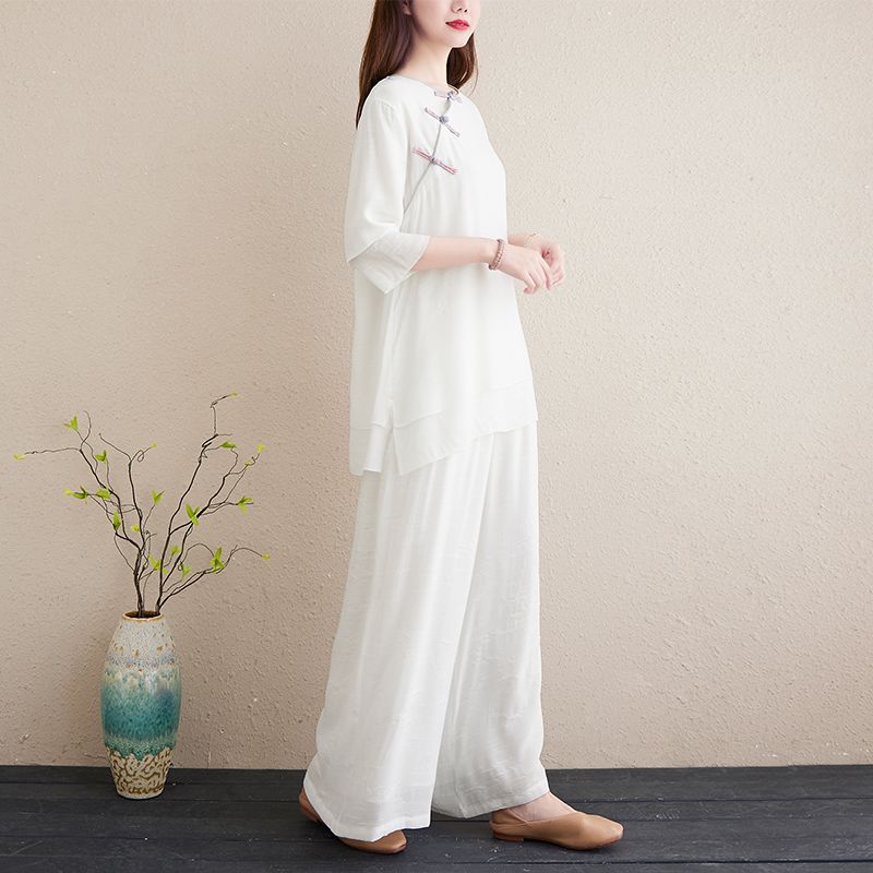 Ensemble 2 pièces Style Chinois pour Femme, Tenue de Yoga, Vêtement de Méditation Bouton Grenouille en Lin, Costume Laïque Bouddhiste Respirant d'Été