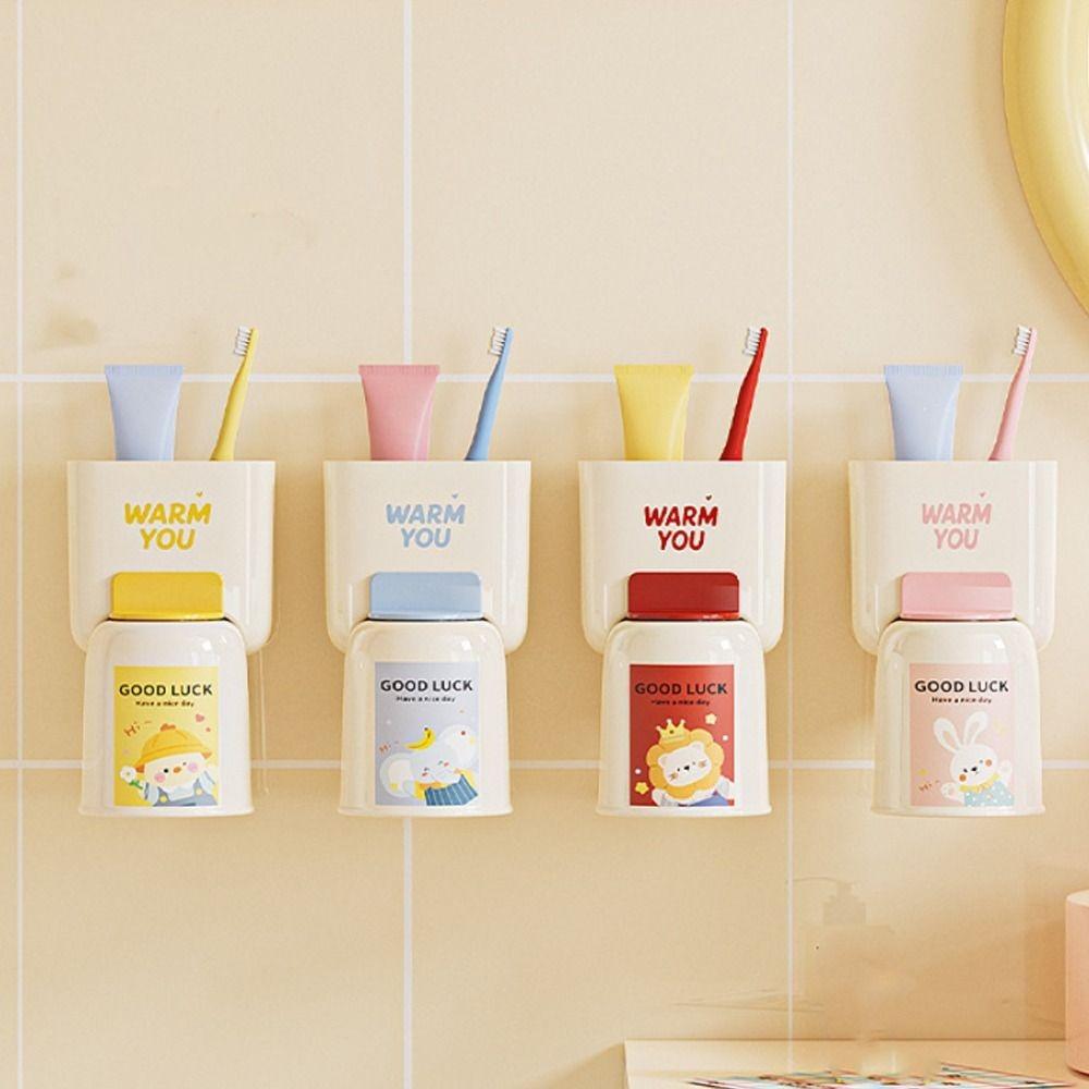 Punch-Free Wall Mounted Toothbrush Holder Cute Mouthwash Cup Hanger Bathroom Storage Set  Bathroom