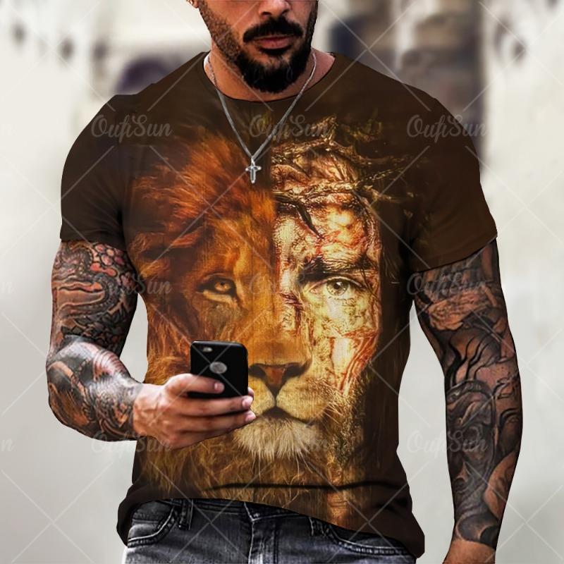 Christ Jesus T-Shirts for Men 3D Lion Printed T-Shirt Summer Clothes Short Sleeve Streetwear Vintage