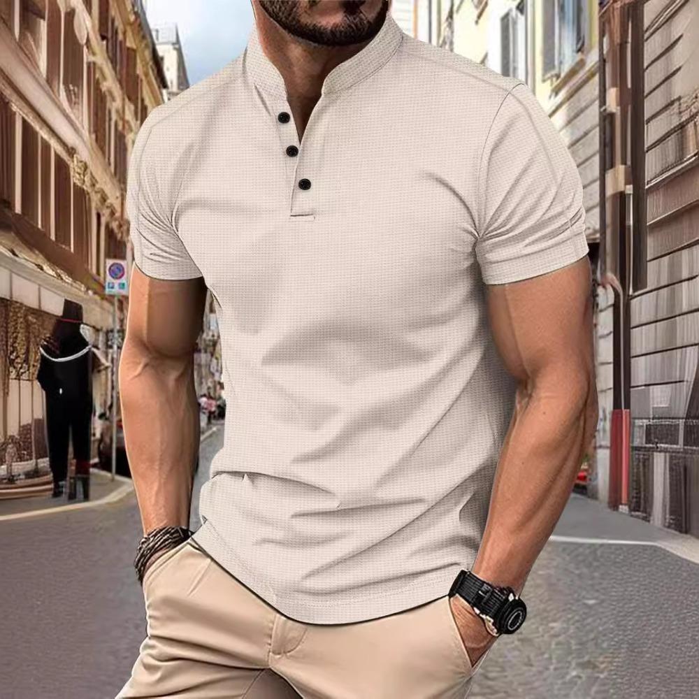 Men's short-sleeved polo shirt with a stand-up collar and waffle henley neckline