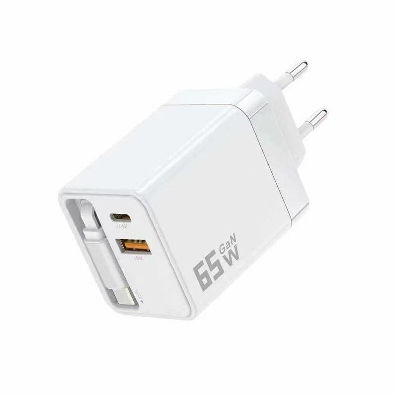 65W GaN Charger with Retractable Cable for Fast PD Charging - Compatible with Apple, Huawei, Xiaomi, Type-C Devices