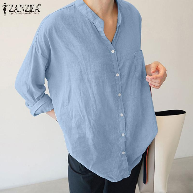 

ZANZEA Женская повседневная свободная хлопковая блузка с круглым вырезом и длинными рукавами