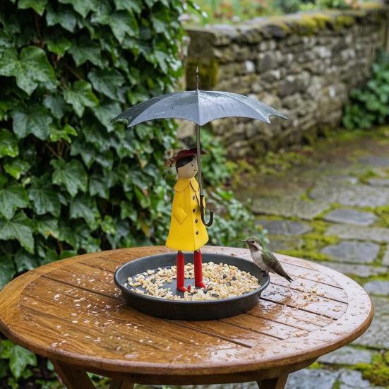 Umbrella Girl Bird Feeder Outdoor Decorative Hummingbird Feeder And Bird Bath Hanging Metal Platform Seeds Tray for Courtyard Balcony Garden