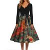Women Casual Long Sleeve V Neck Vintage Dress Halloween Print Retro Style A Line Midi Dress with Waist Tie Belt