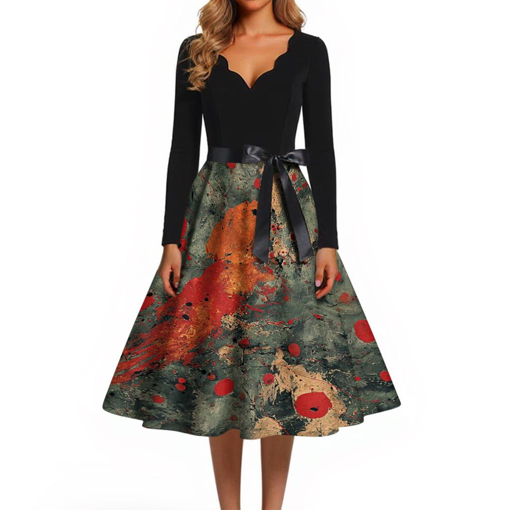 Women Casual Long Sleeve V Neck Vintage Dress Halloween Print Retro Style A Line Midi Dress with Waist Tie Belt