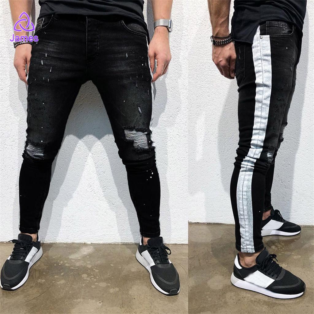 NAP Erkek Moda Streç Denim Pantolon Sıkıntılı Yırtık Freyed Jeans Slim