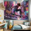 2D Street Skater Boy in Colorful City Wall Tapestry Graffiti Art Background Cloth for Living Room Home Decor